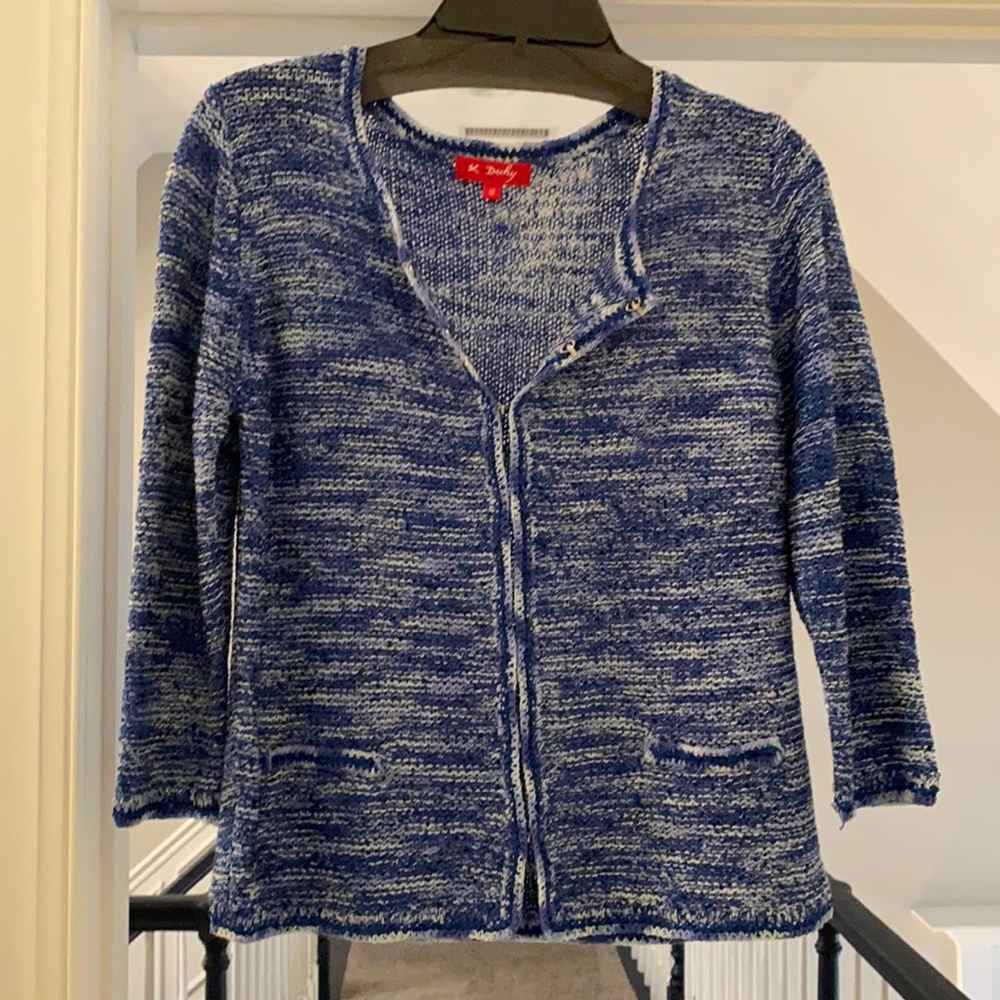 Blue and white sweater with clasps